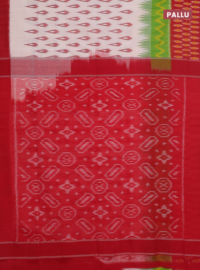 Ikat cotton saree cream and green red with allover ikat butta weaves and long ikat style border