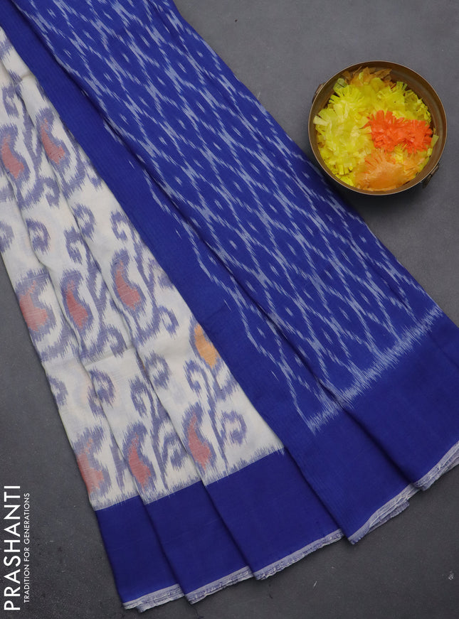 Ikat cotton saree off white and blue with allover ikat weaves and simple border