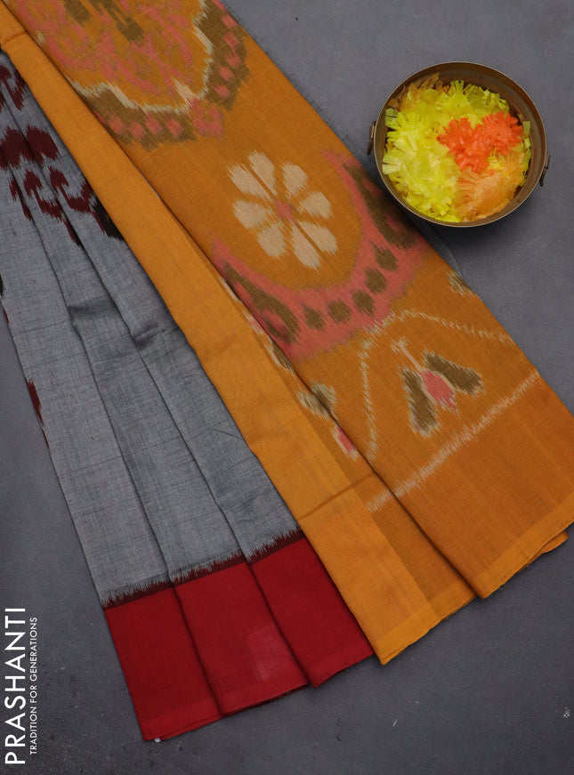 Ikat cotton saree grey with allover ikat weaves and ganga jamuna border