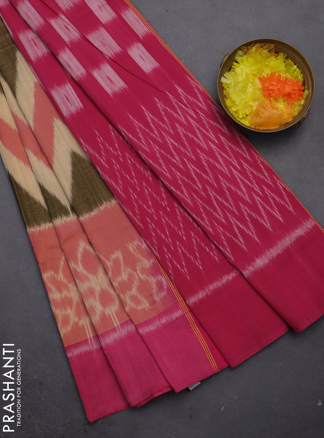 Ikat cotton saree sandal and pink with allover zig zag weaves and simple border