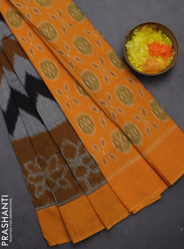 Ikat cotton saree multi colour and mustard shade with allover zig zag weaves and simple border