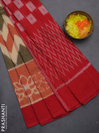 Ikat cotton saree multi colour and red rust shade with allover zig zag weaves and simple border