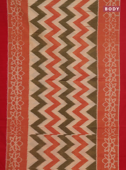 Ikat cotton saree multi colour and red rust shade with allover zig zag weaves and simple border