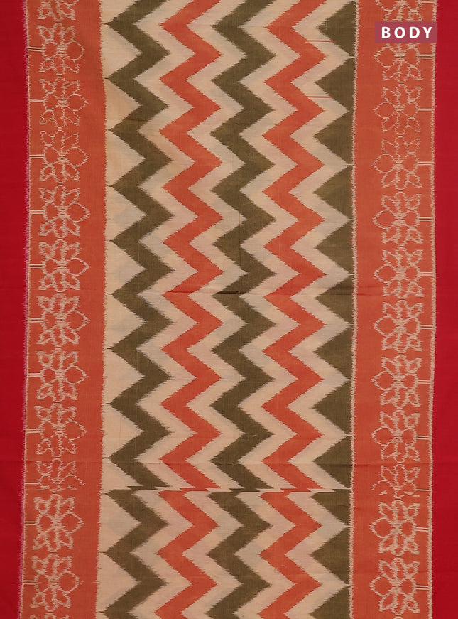 Ikat cotton saree multi colour and red rust shade with allover zig zag weaves and simple border