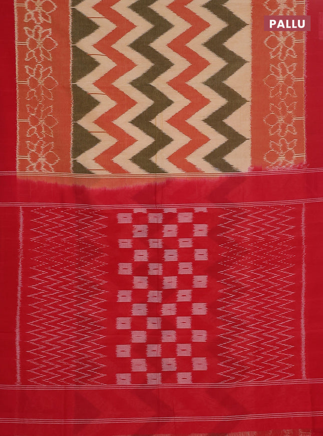 Ikat cotton saree multi colour and red rust shade with allover zig zag weaves and simple border