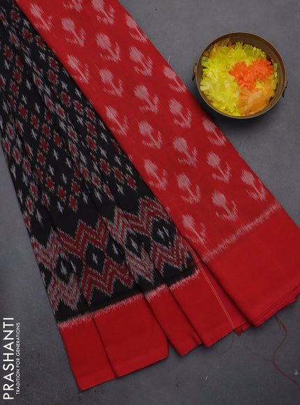 Ikat cotton saree black and red with allover ikat weaves and simple border