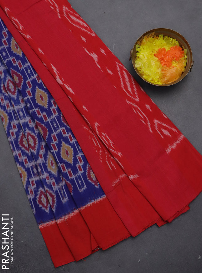 Ikat cotton saree blue and red with allover ikat weaves and simple border