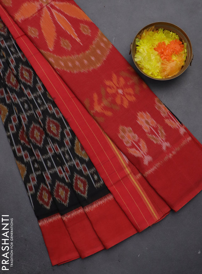 Ikat cotton saree black and red with allover ikat weaves and simple border