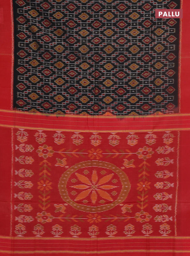 Ikat cotton saree black and red with allover ikat weaves and simple border