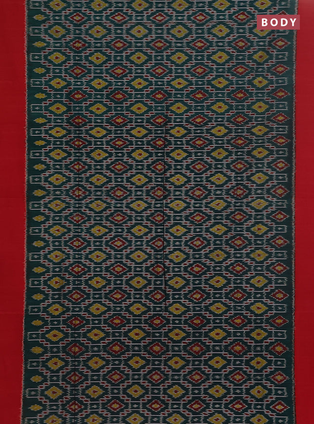 Ikat cotton saree dark green and red with allover ikat weaves and simple border