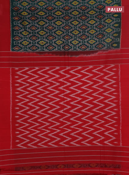 Ikat cotton saree dark green and red with allover ikat weaves and simple border