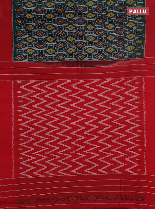 Ikat cotton saree dark green and red with allover ikat weaves and simple border