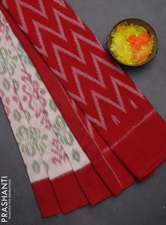 Ikat cotton saree cream and red with allover ikat weaves and simple border