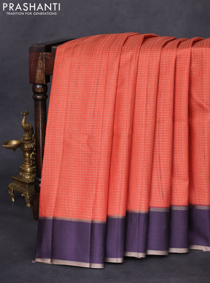 Semi matka saree orange and deep jamun with allover zari weaves and rettapet zari woven border
