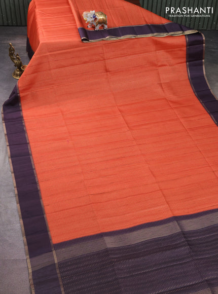Semi matka saree orange and deep jamun with allover zari weaves and rettapet zari woven border