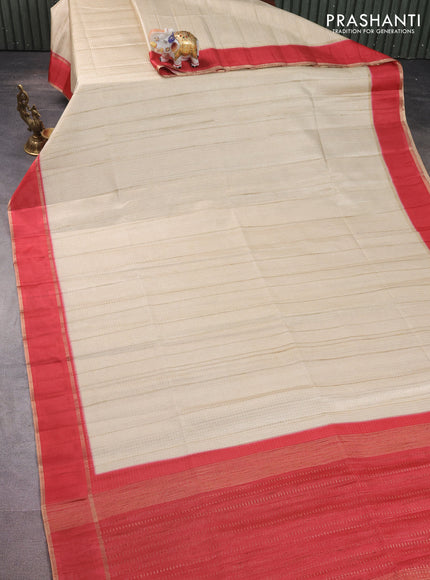 Semi matka saree cream and red with allover zari weaves and rettapet zari woven border