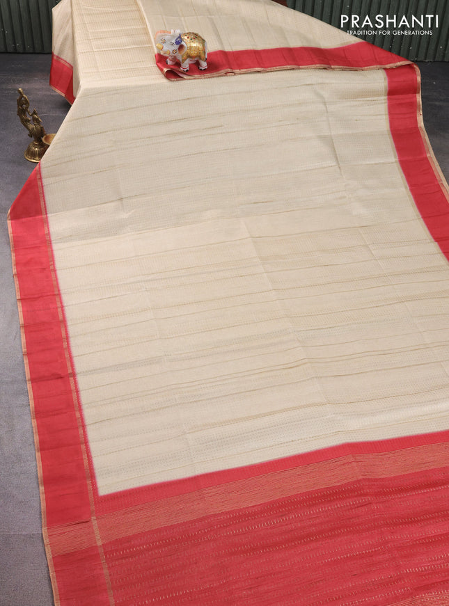 Semi matka saree cream and red with allover zari weaves and rettapet zari woven border