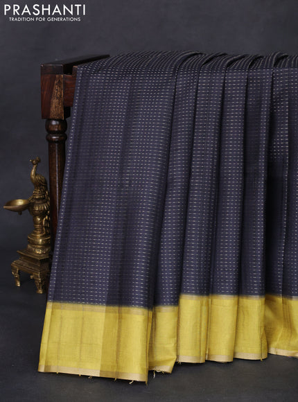Semi matka saree elephant grey and lime yellow with allover zari weaves and rettapet zari woven border