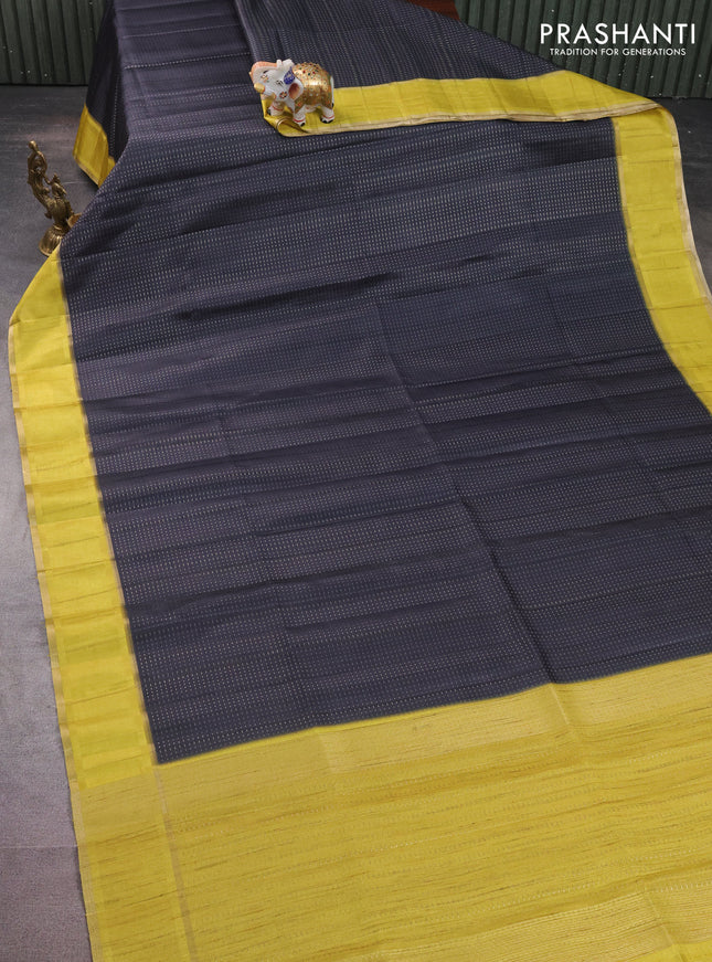 Semi matka saree elephant grey and lime yellow with allover zari weaves and rettapet zari woven border