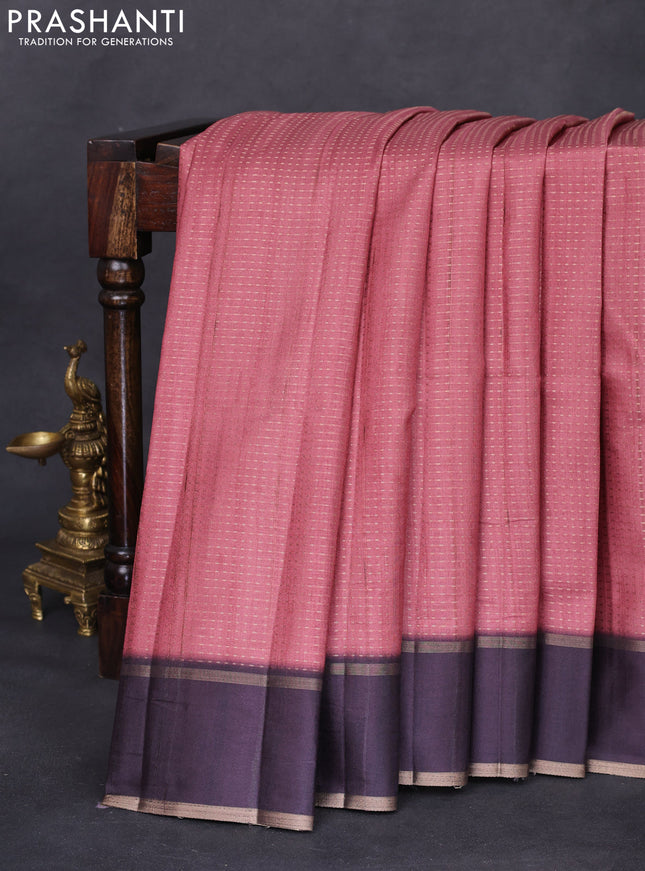 Semi matka saree peach shade and deep jamun with allover zari weaves and rettapet zari woven border