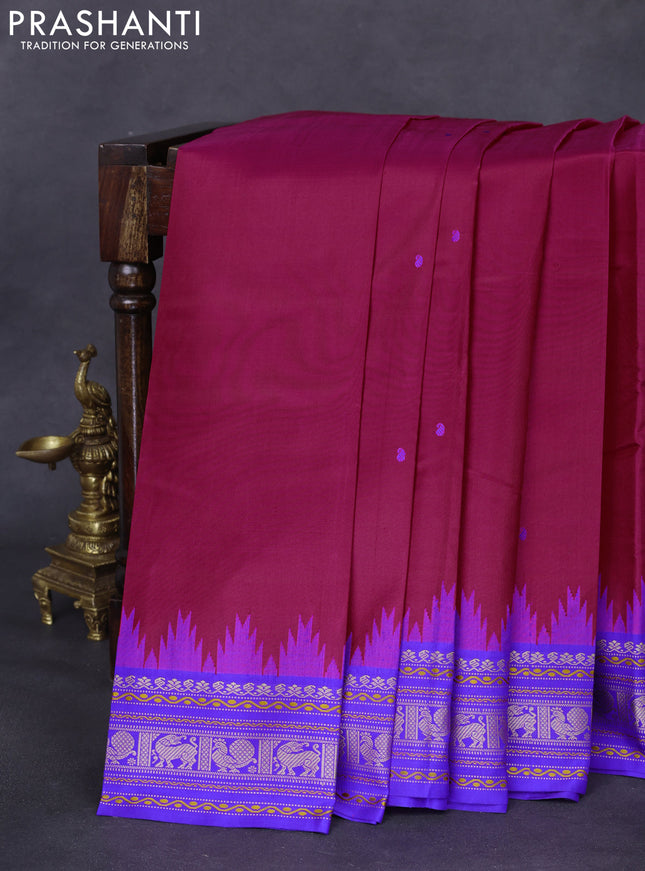 Pure kanchipuram silk saree pink and royal blue with thread woven buttas and temple design thread woven border