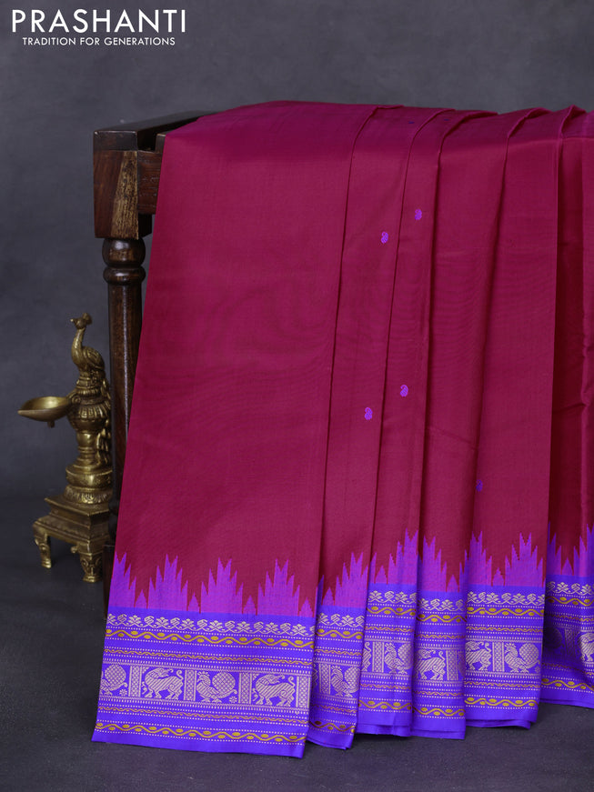 Pure kanchipuram silk saree pink and royal blue with thread woven buttas and temple design thread woven border