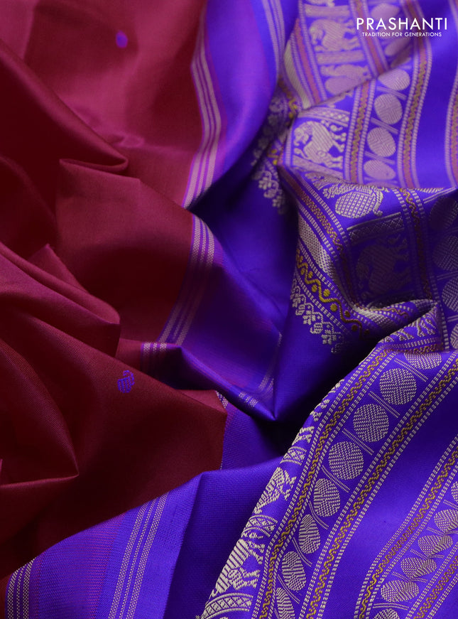Pure kanchipuram silk saree pink and royal blue with thread woven buttas and temple design thread woven border