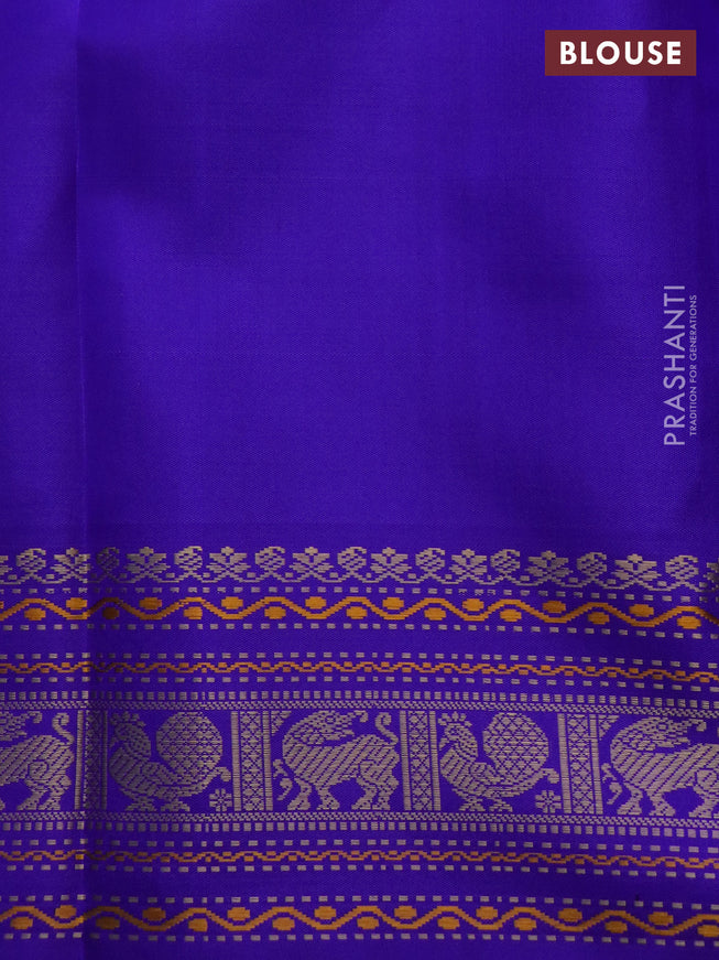 Pure kanchipuram silk saree pink and royal blue with thread woven buttas and temple design thread woven border