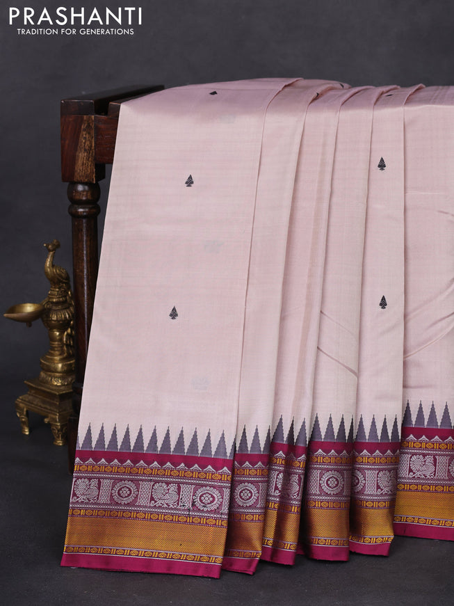 Pure kanchipuram silk saree grey and dark magenta pink with thread woven buttas and temple design thread woven border