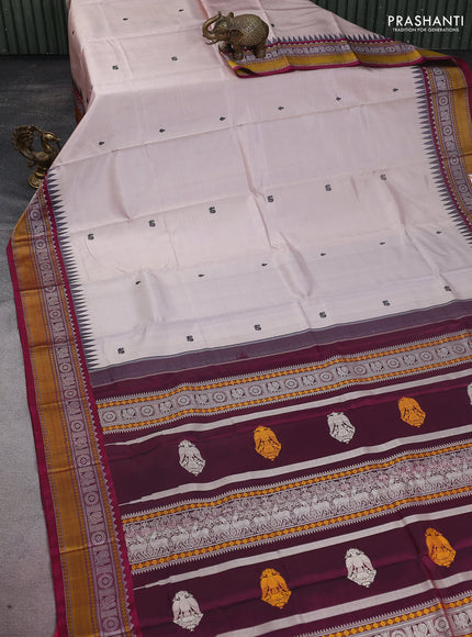 Pure kanchipuram silk saree grey and dark magenta pink with thread woven buttas and temple design thread woven border