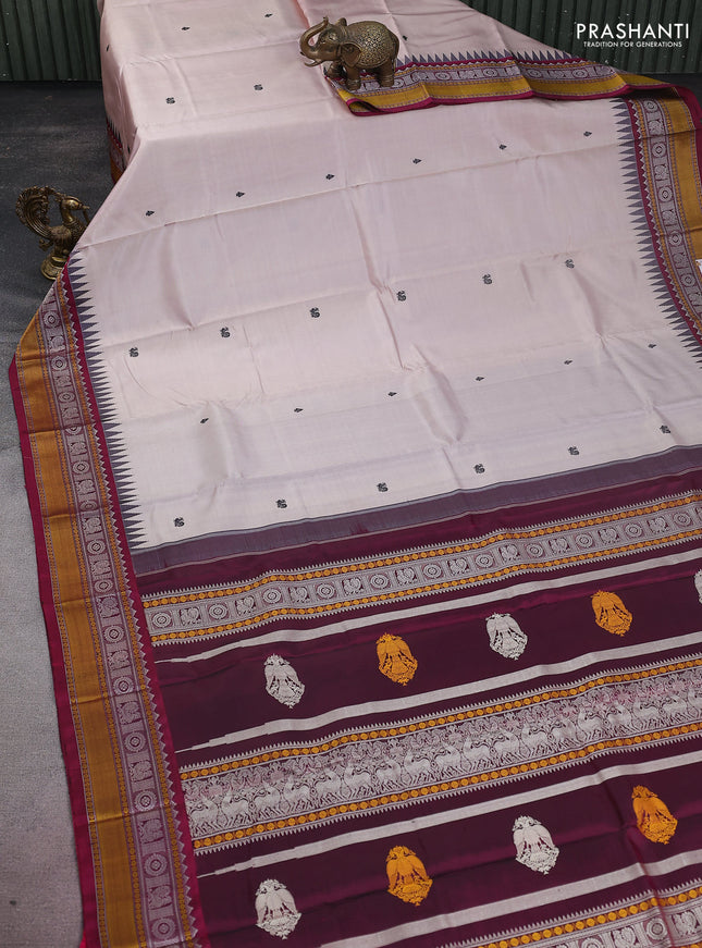 Pure kanchipuram silk saree grey and dark magenta pink with thread woven buttas and temple design thread woven border
