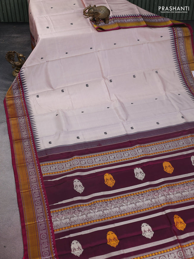 Pure kanchipuram silk saree grey and dark magenta pink with thread woven buttas and temple design thread woven border