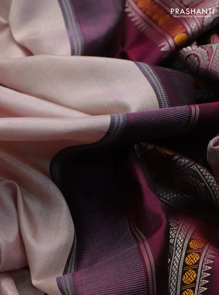 Pure kanchipuram silk saree grey and dark magenta pink with thread woven buttas and temple design thread woven border