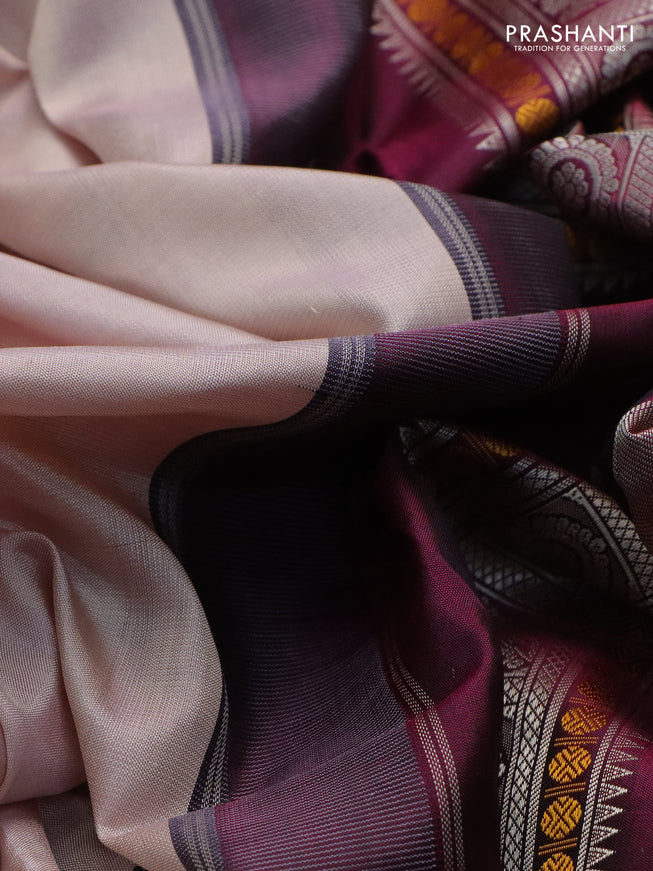 Pure kanchipuram silk saree grey and dark magenta pink with thread woven buttas and temple design thread woven border