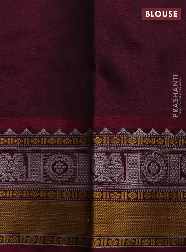 Pure kanchipuram silk saree grey and dark magenta pink with thread woven buttas and temple design thread woven border