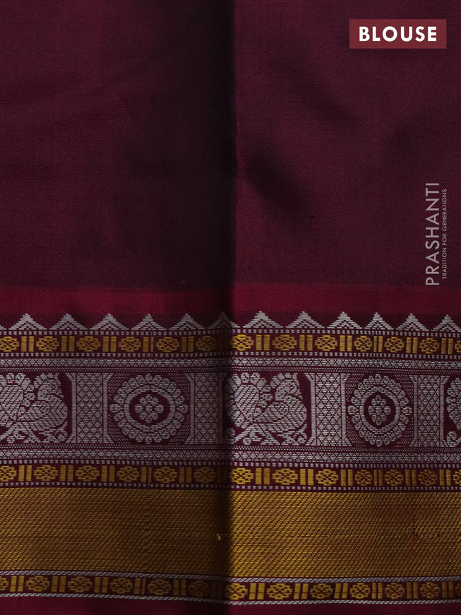 Pure kanchipuram silk saree grey and dark magenta pink with thread woven buttas and temple design thread woven border