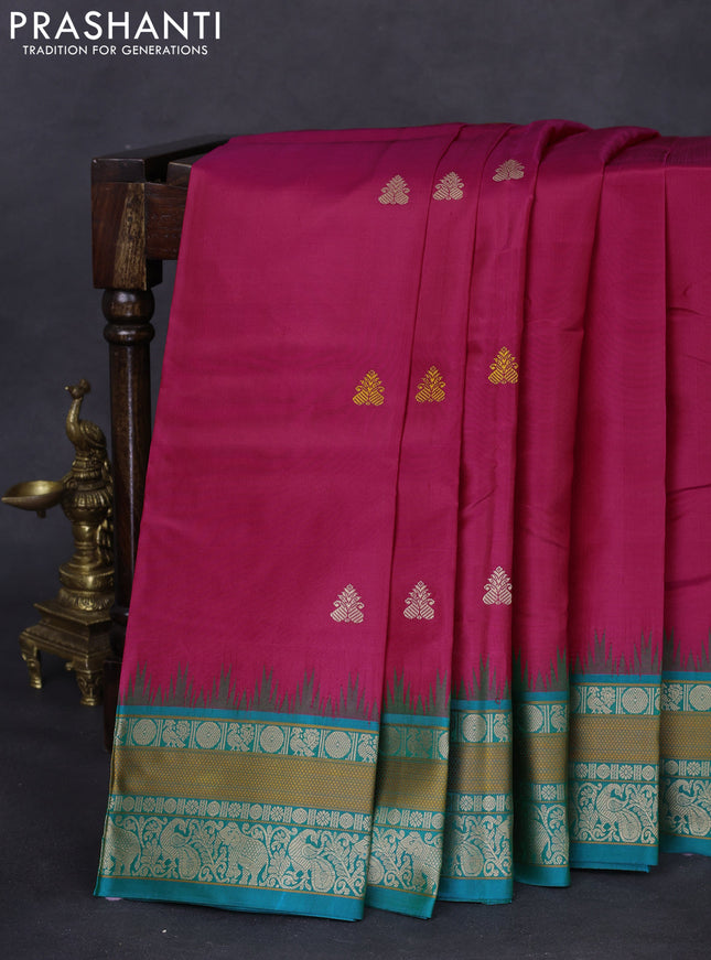 Pure kanchipuram silk saree pink and teal green with thread woven buttas and temple design thread woven border