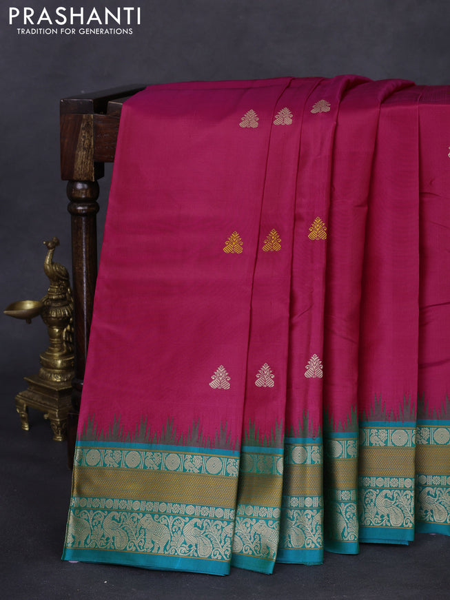 Pure kanchipuram silk saree pink and teal green with thread woven buttas and temple design thread woven border