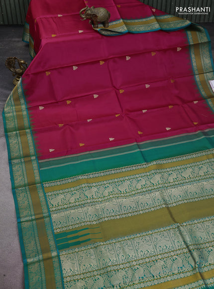 Pure kanchipuram silk saree pink and teal green with thread woven buttas and temple design thread woven border
