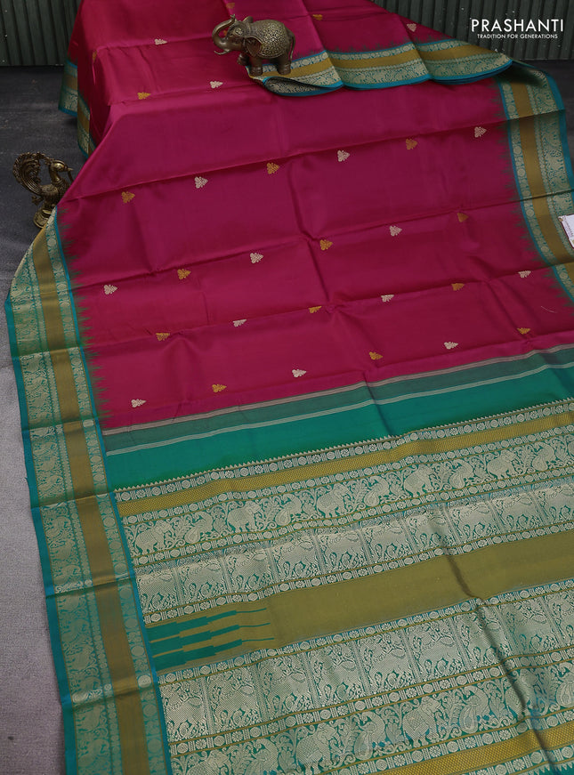 Pure kanchipuram silk saree pink and teal green with thread woven buttas and temple design thread woven border