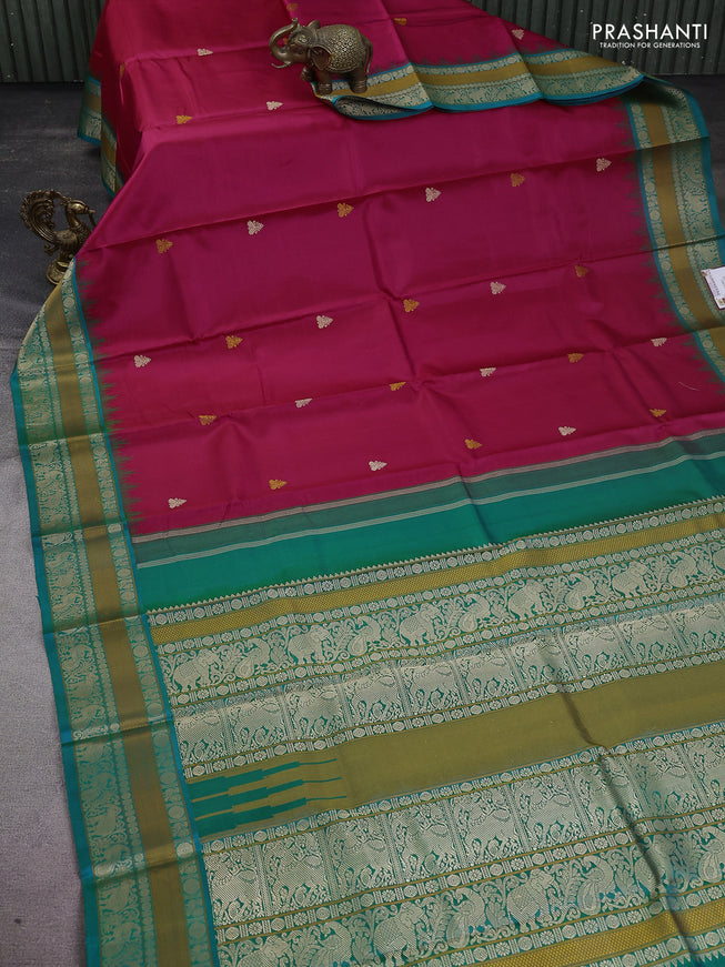 Pure kanchipuram silk saree pink and teal green with thread woven buttas and temple design thread woven border