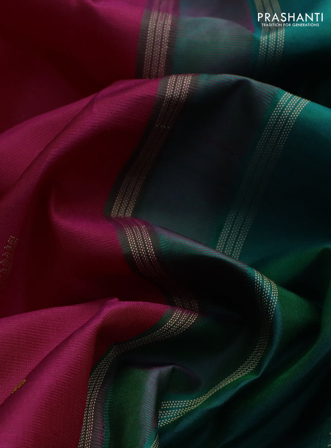 Pure kanchipuram silk saree pink and teal green with thread woven buttas and temple design thread woven border