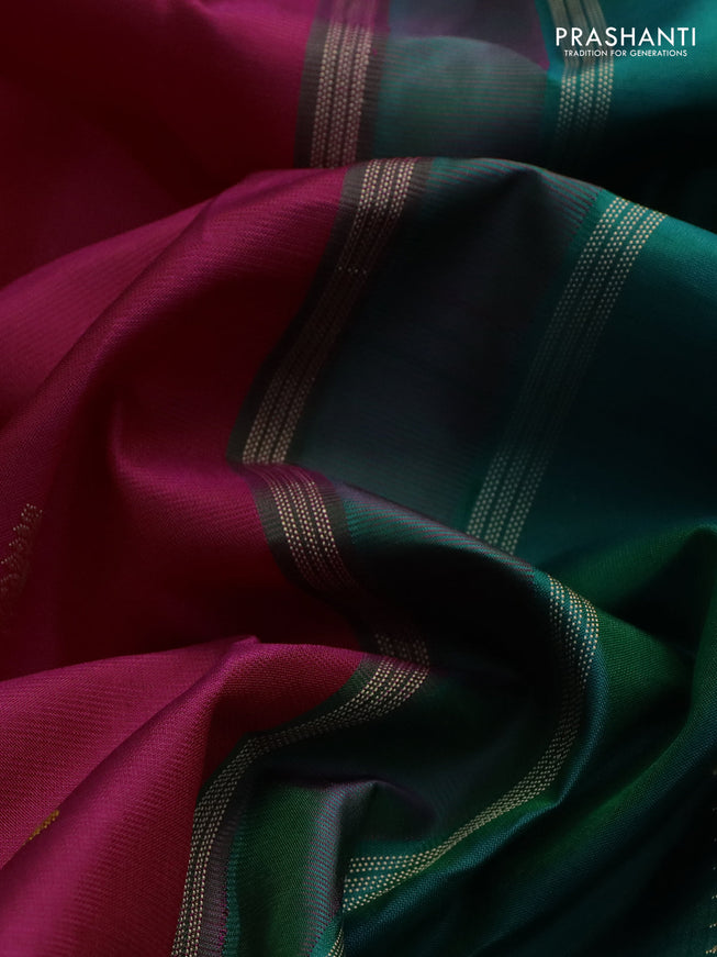 Pure kanchipuram silk saree pink and teal green with thread woven buttas and temple design thread woven border