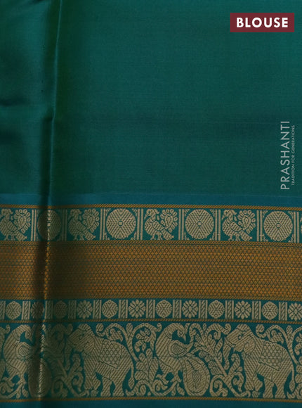 Pure kanchipuram silk saree pink and teal green with thread woven buttas and temple design thread woven border