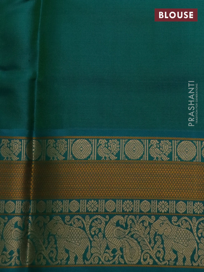 Pure kanchipuram silk saree pink and teal green with thread woven buttas and temple design thread woven border