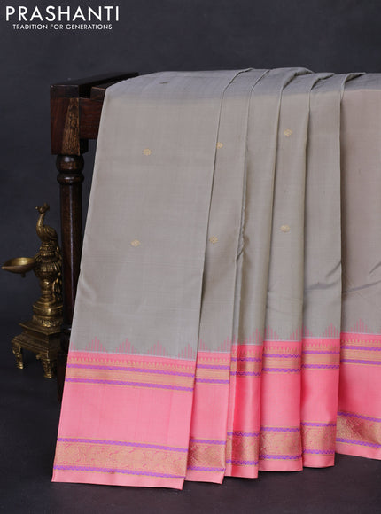 Pure kanchipuram silk saree grey and peach pink with zari woven buttas and rettapet zari woven border