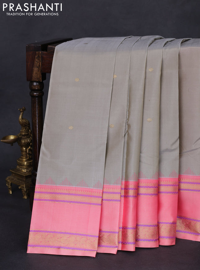 Pure kanchipuram silk saree grey and peach pink with zari woven buttas and rettapet zari woven border