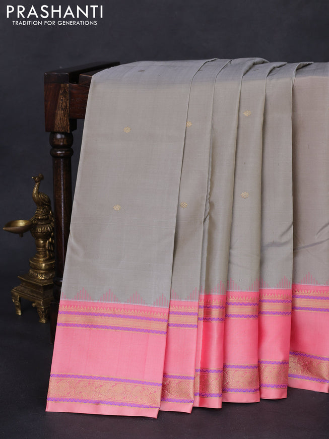 Pure kanchipuram silk saree grey and peach pink with zari woven buttas and rettapet zari woven border