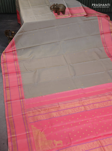 Pure kanchipuram silk saree grey and peach pink with zari woven buttas and rettapet zari woven border