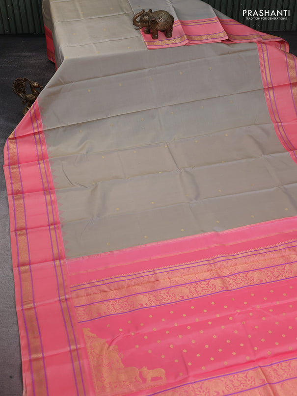 Pure kanchipuram silk saree grey and peach pink with zari woven buttas and rettapet zari woven border